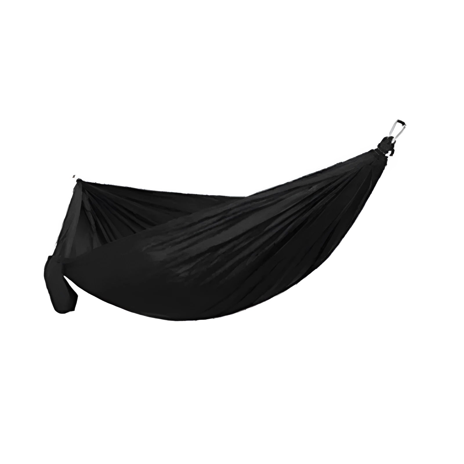 Double widened camping hammock 275x140cm in 210T nylon parachute fabric with steel buckles and ropes, shown outdoors in a garden setting