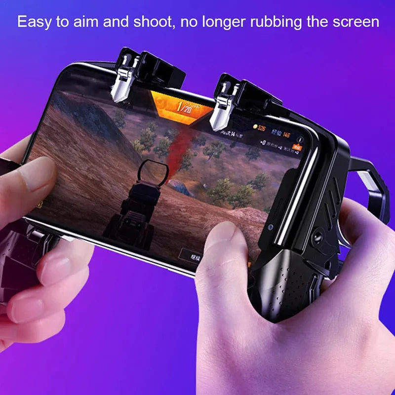 Black multi-function gamepad controller for mobile phones with metal trigger and integrated phone holder