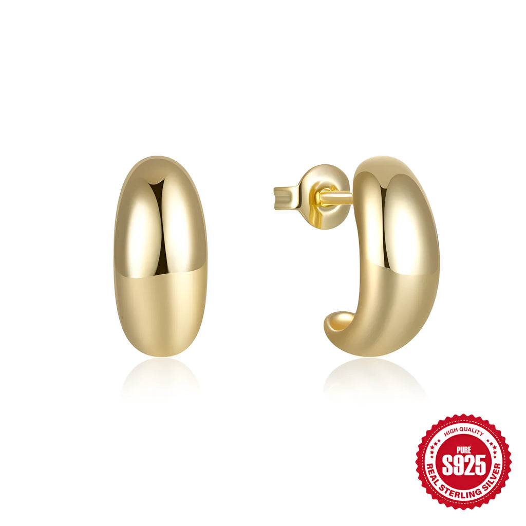 S925 sterling silver C-shaped stud earrings with glossy gold electroplated finish