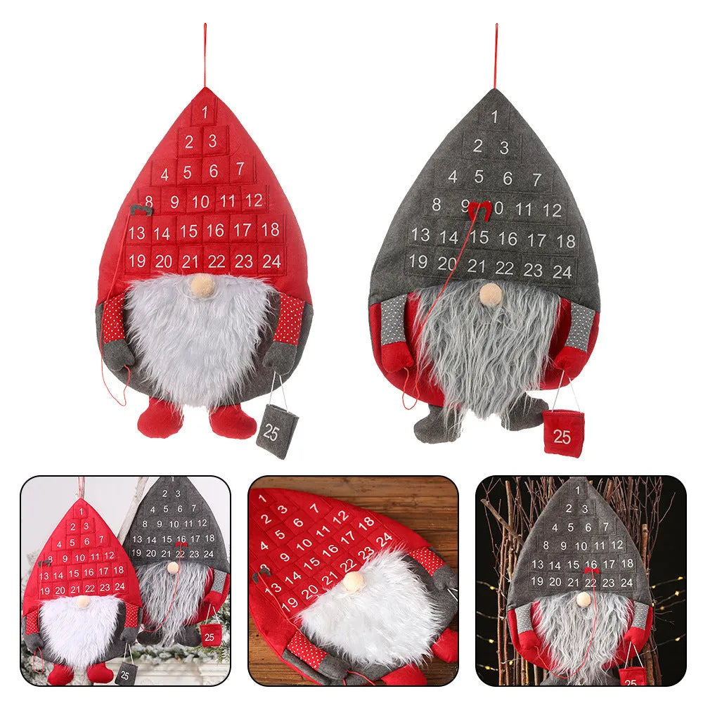 Christmas advent calendar with faceless Santa doll, non-woven fabric, hanging rope, red or grey hat