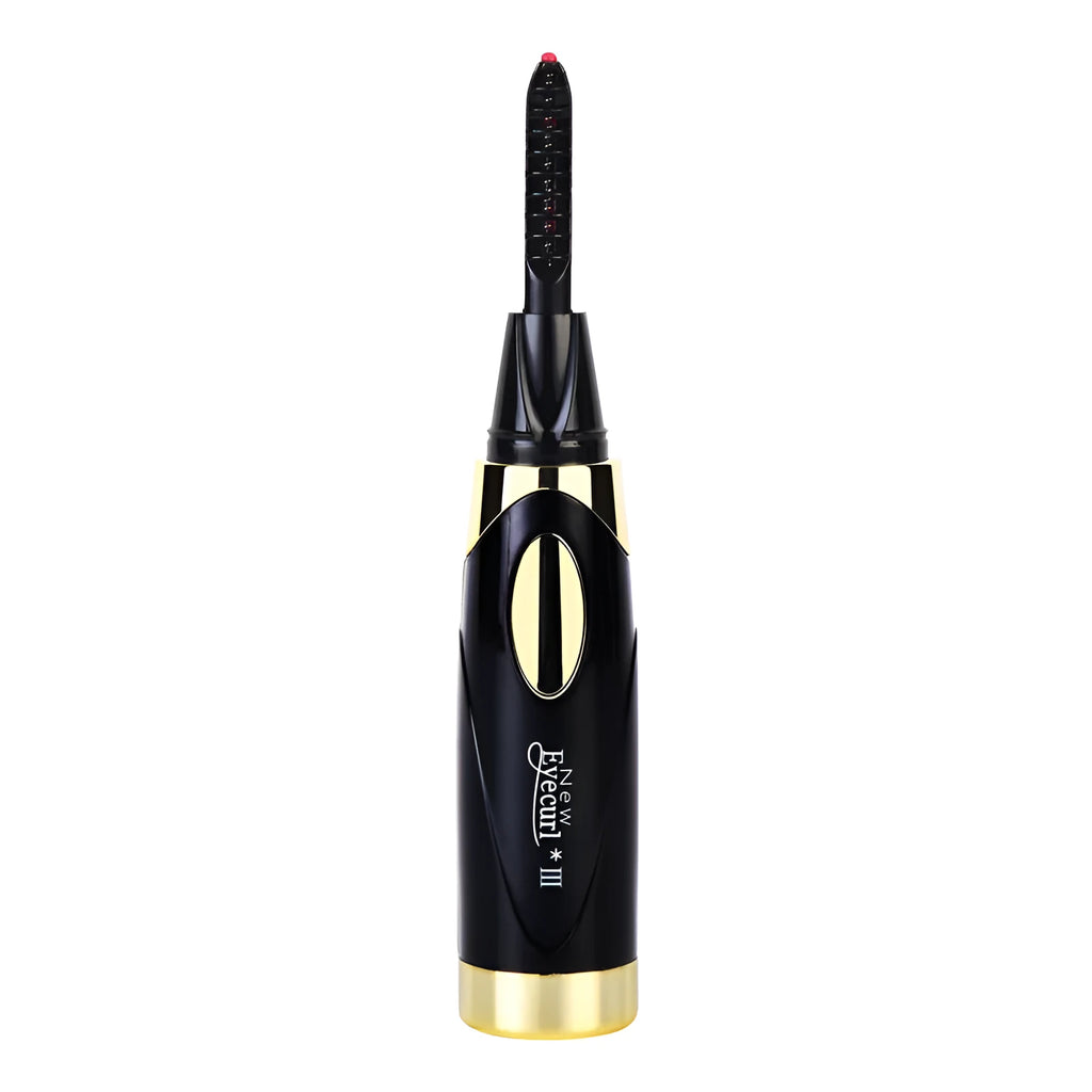 Mini USB rechargeable eyelash curler in black, 128mm long, with charging port visible