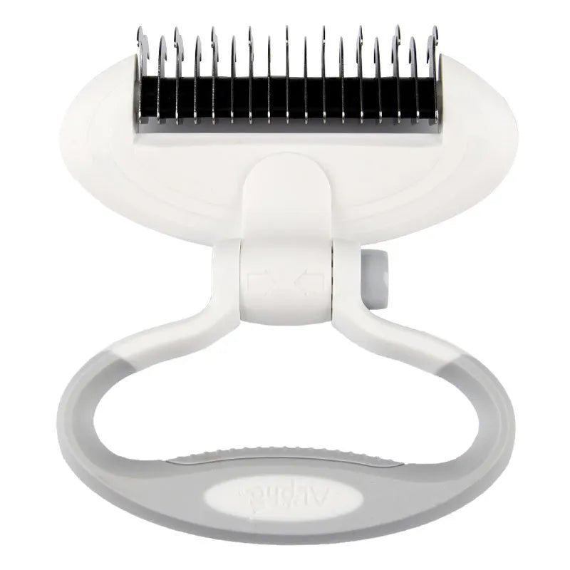 Dog comb knot remover with dual density heads and multi-angle rotation in white, blue, pink colour options