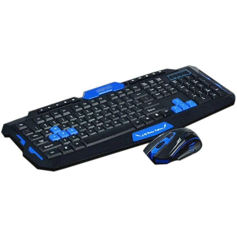 Black and blue wireless keyboard and mouse set on a desk, showing ergonomic design.