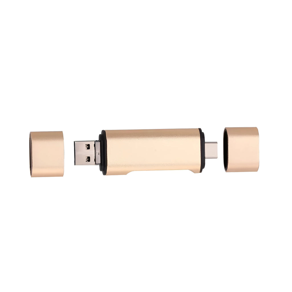 USB mobile phone card reader with triad Micro USB, Type-C, and USB plugs, aluminium alloy, golden or silvery, for TF and SD cards.