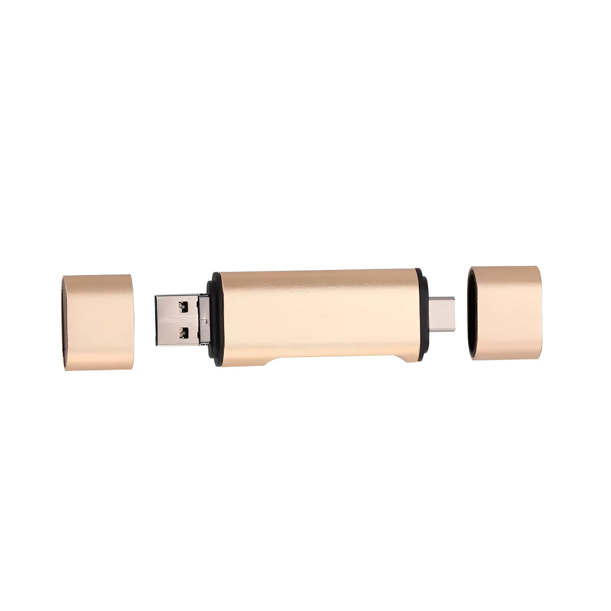 USB mobile phone card reader with triad Micro USB, Type-C, and USB plugs, aluminium alloy, golden or silvery, for TF and SD cards.