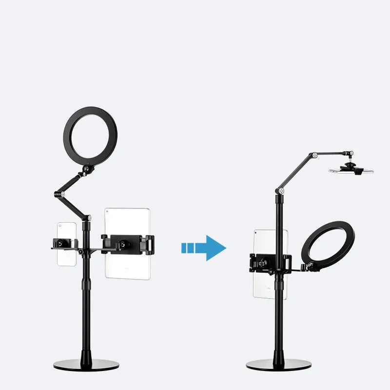 Black mobile phone tablet stand with fill light and rotation mechanism for floor placement