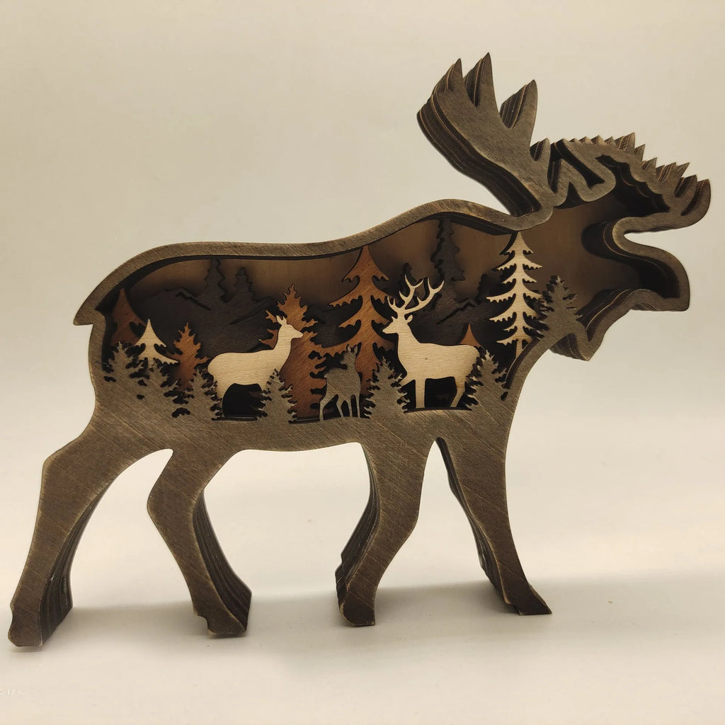 Boxwood Christmas elk ornament 18cm tall with natural wood grain on a wooden shelf