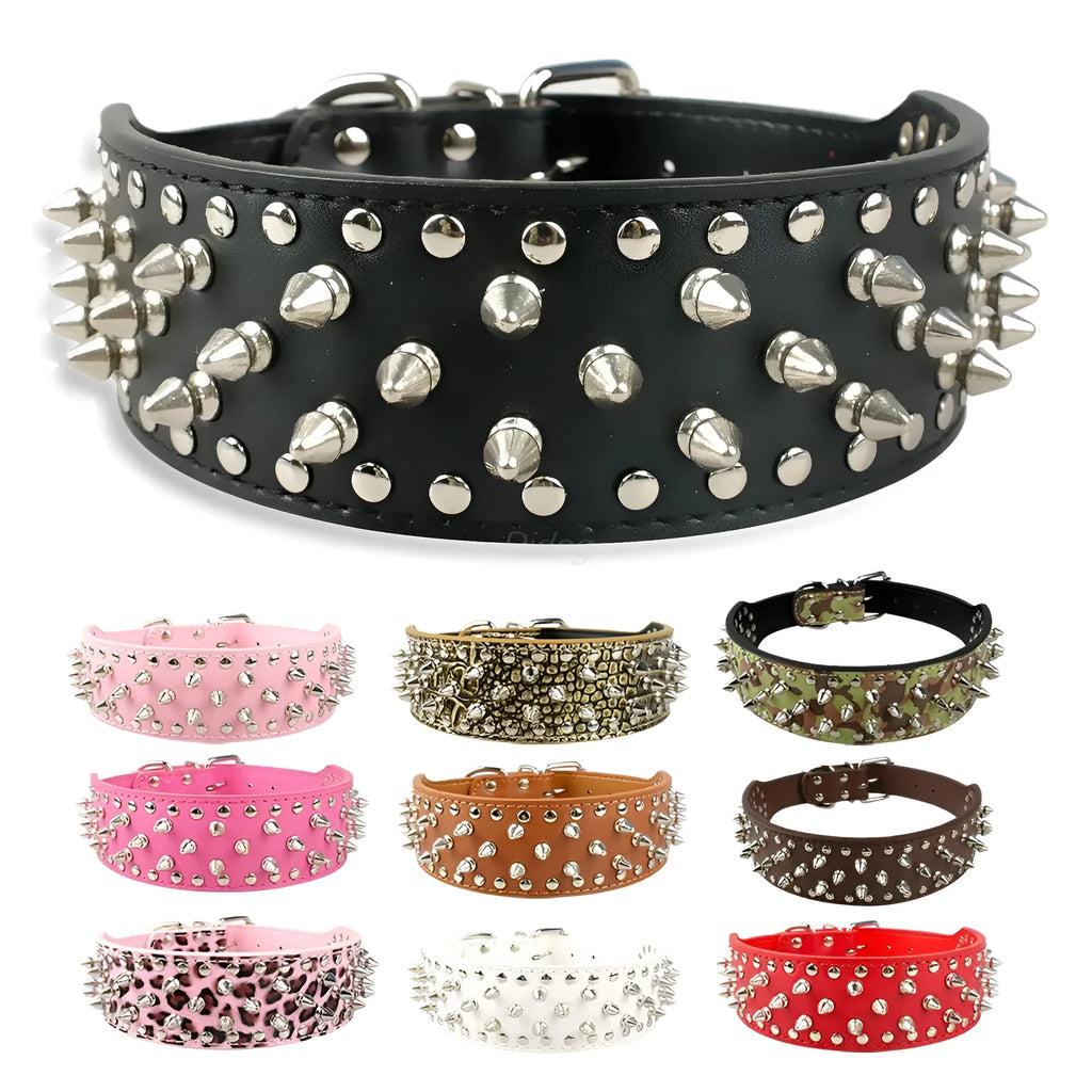 Large dog rivet collar in PU material size L 66x5 cm in black with metal buckle and rivets