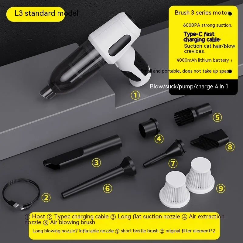 Black cordless handheld car vacuum cleaner with attachments on a grey car seat.