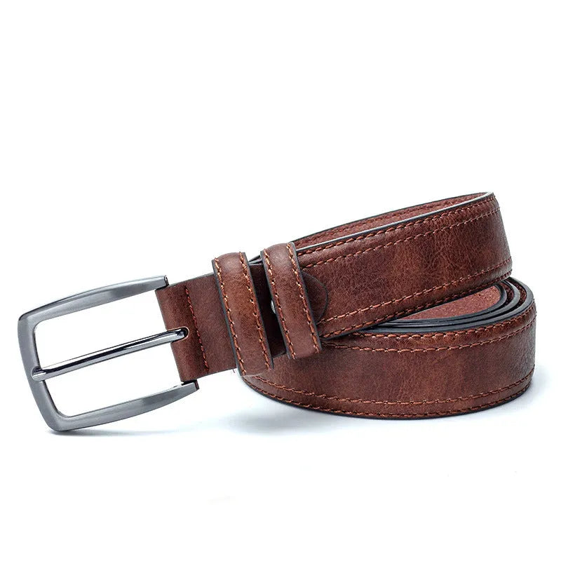 Men's vintage split leather belt with alloy needle buckle in red brown colour