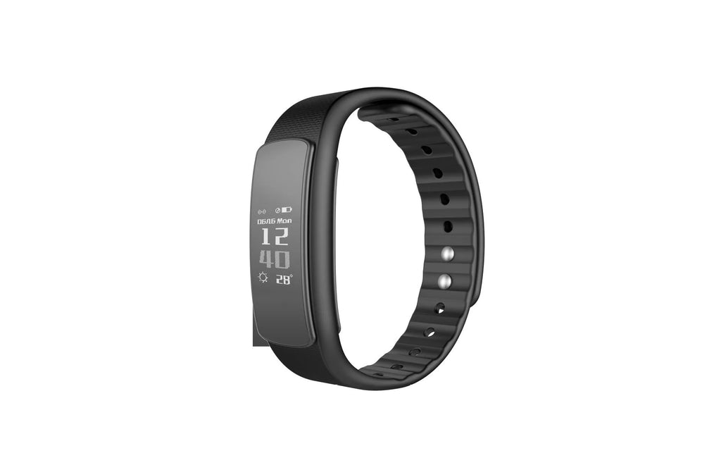 I6 smart sports bracelet with 0.96-inch touch screen shown in black or green colours on wrist
