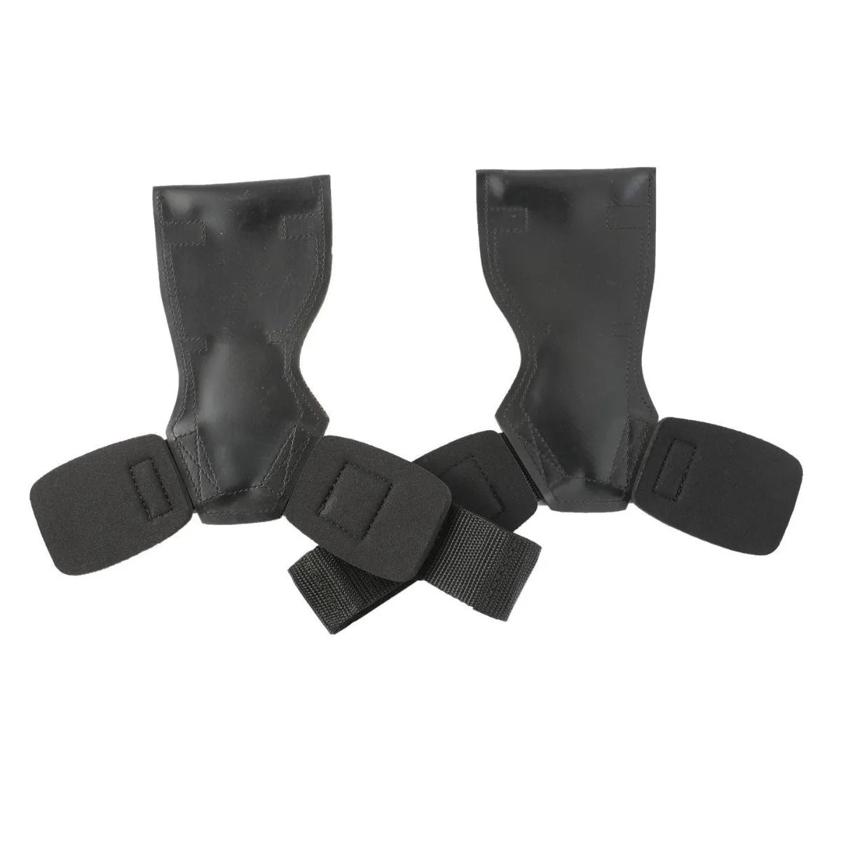 Pair of black booster hose rubber assist belts for non-slip palm protection in weightlifting and rock climbing.