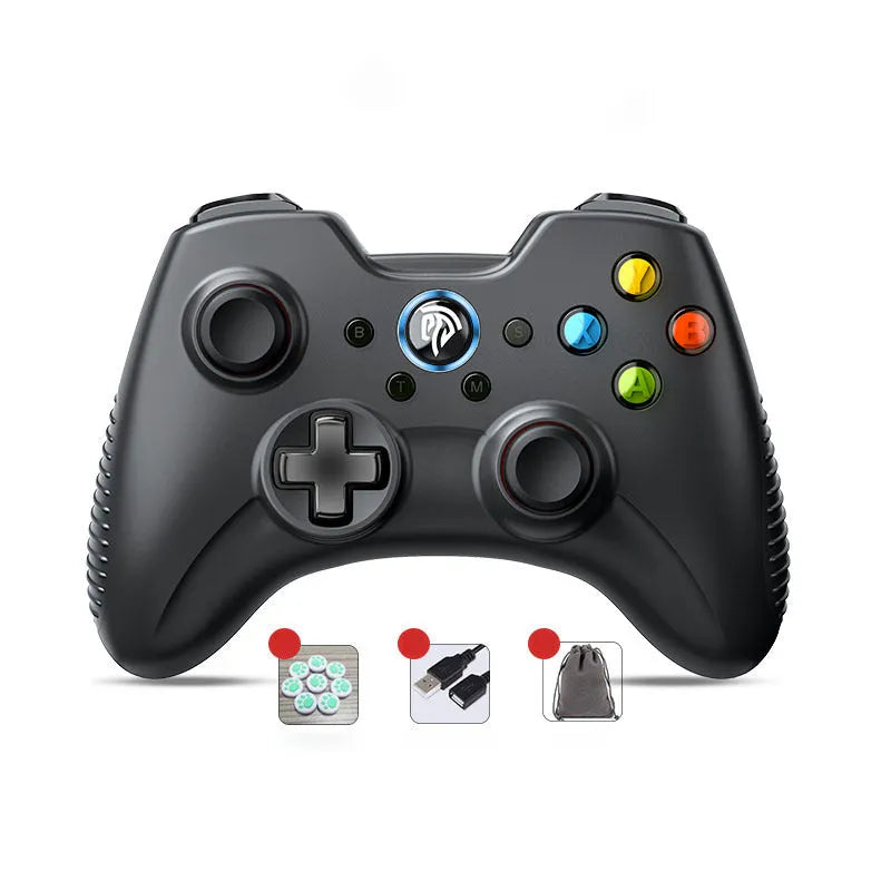 Dual mode wireless game controller for PC in black, green, red, or white colours.