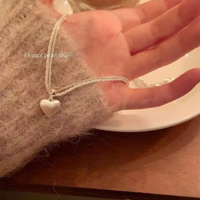 Brushed heart-shaped double-layer necklace on adjustable chain