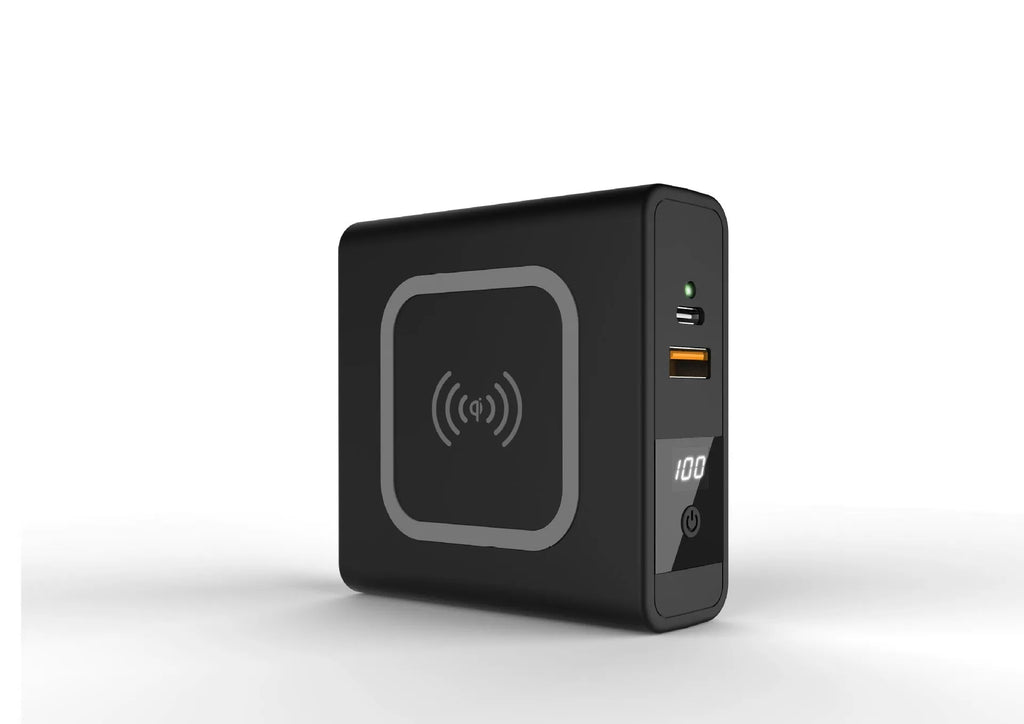 Black and white QI wireless power bank with foldable international plugs and 10000mAh capacity.