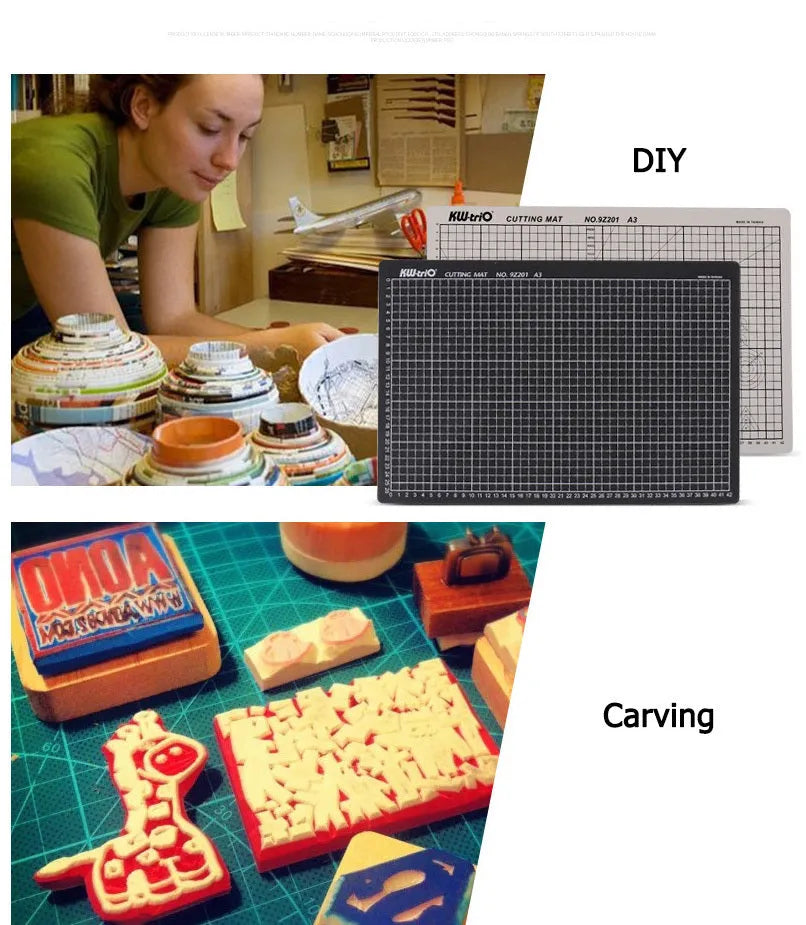 Green A3 self-healing cutting mat with centimetre grid lines, shown on a desk.