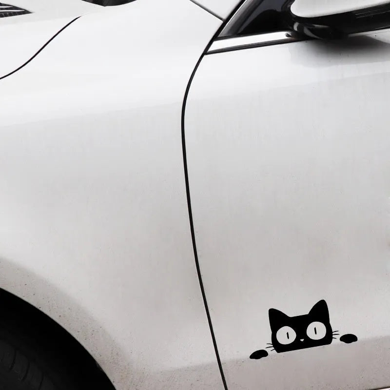 Voyeur cat car sticker in PET material, 13x5.7cm, black or silver white, for vehicle exterior use