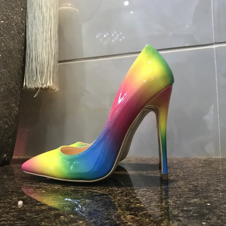 Rainbow coloured patent leather high heels with pointed toe and thin ultra-high heel