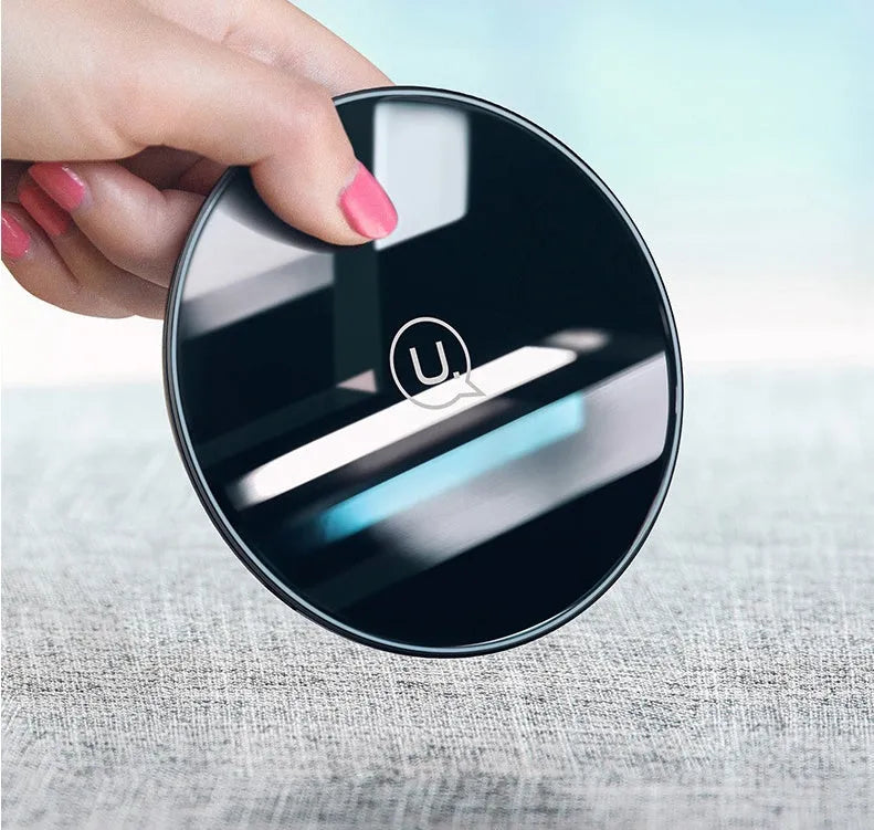 Glass circular wireless charging pad with indicator light for Qi-compatible devices