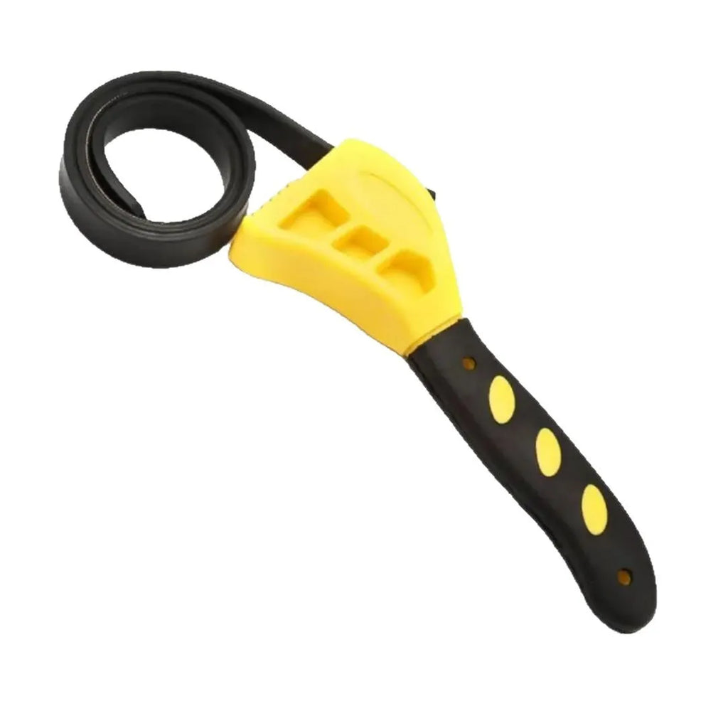 Two adjustable rubber strap wrenches, sizes 6-inch and 8-inch, with a 21.5 cm handle on a workbench.