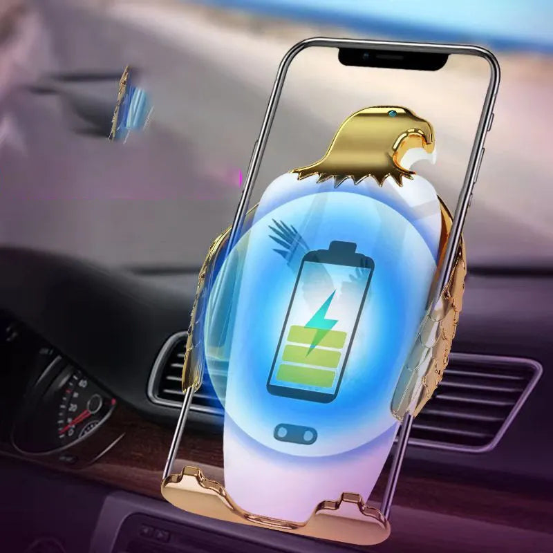 Eagle style car phone holder with wireless charging and suction cup mount in black and gold colours