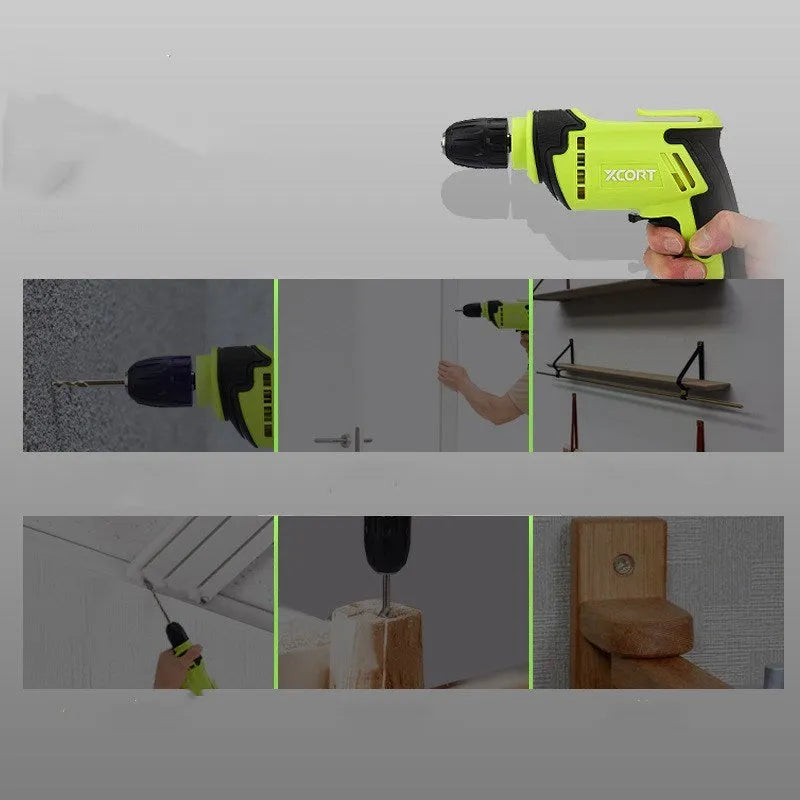Black pistol-grip electric drill with a 10mm chuck on a workbench.