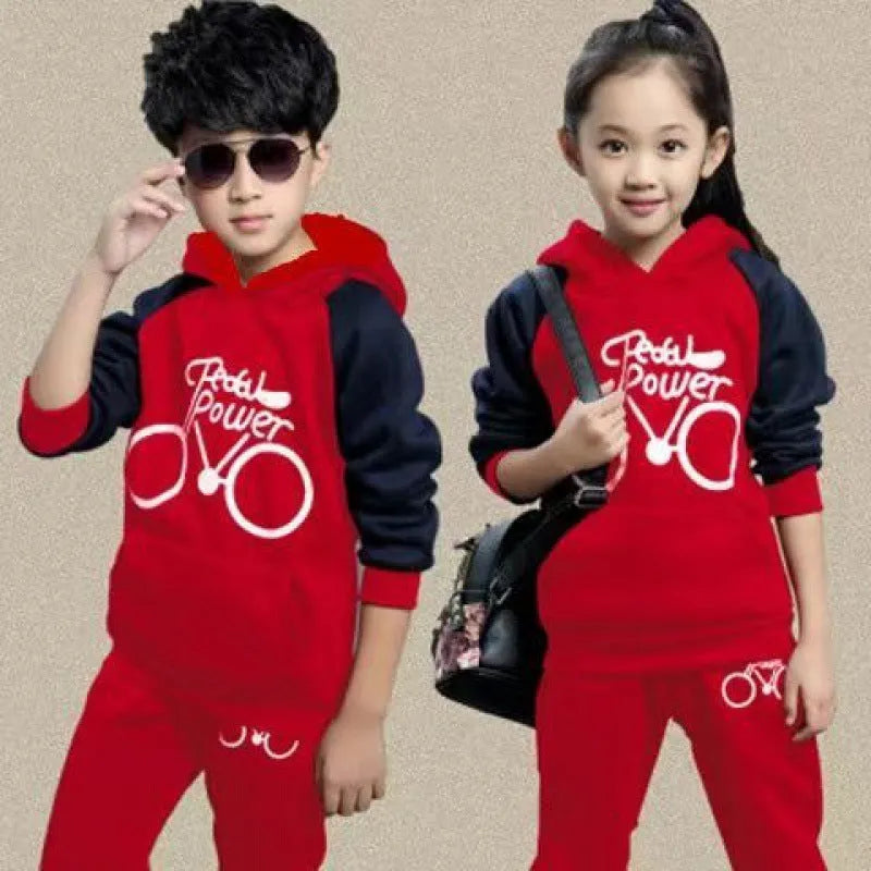 Korean-style two-piece sports suit for older kids in black, red, or red wine colours with printed design