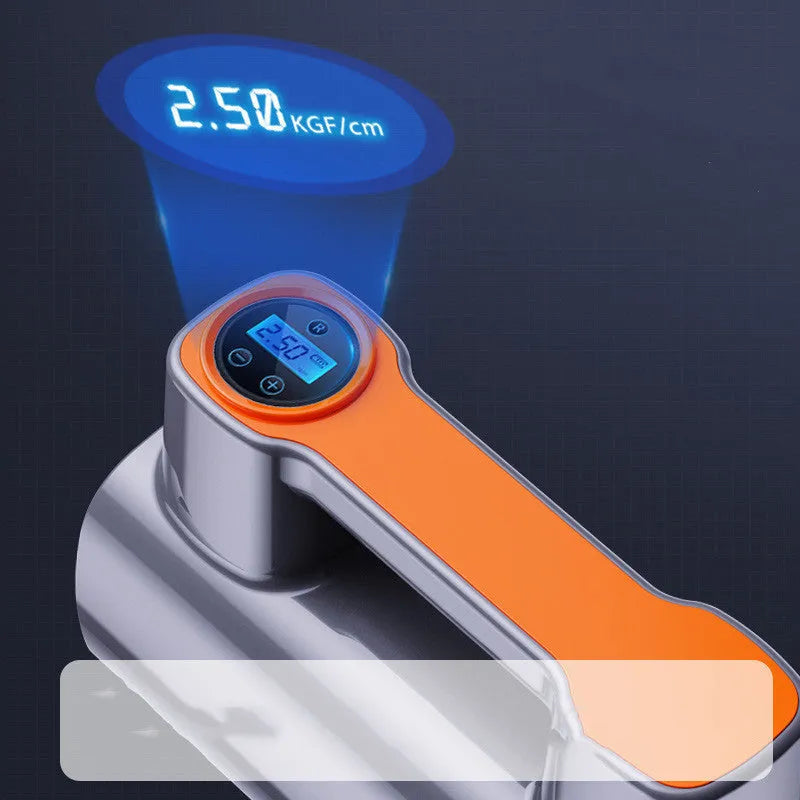 Cordless portable tyre inflator with digital display showing pressure reading