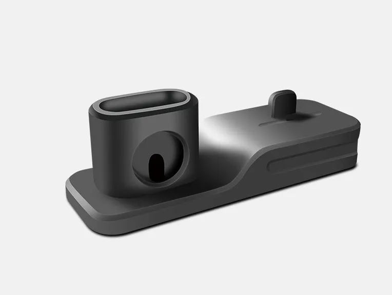 Black geometric 3-in-1 charging station for Apple devices showing iPhone, iwatch and AirPods charging slots