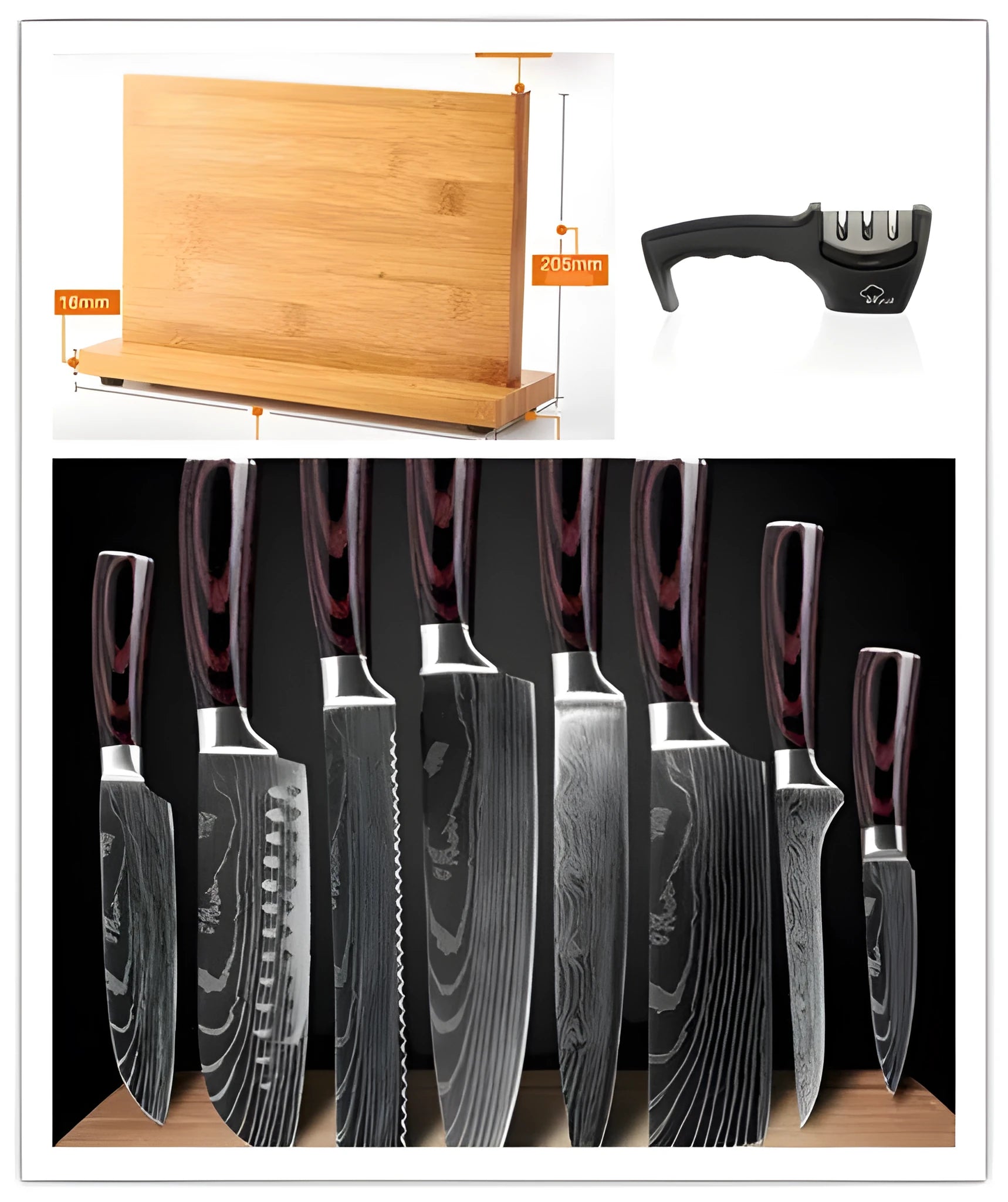 Eight-piece kitchen knife set with Damascus steel chef's knife and high-carbon steel vegetable knife on a work surface