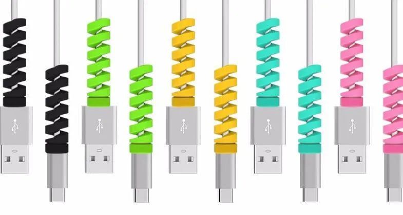 Plastic charging cable protector, 3.5cm long, shown in multiple colour options.