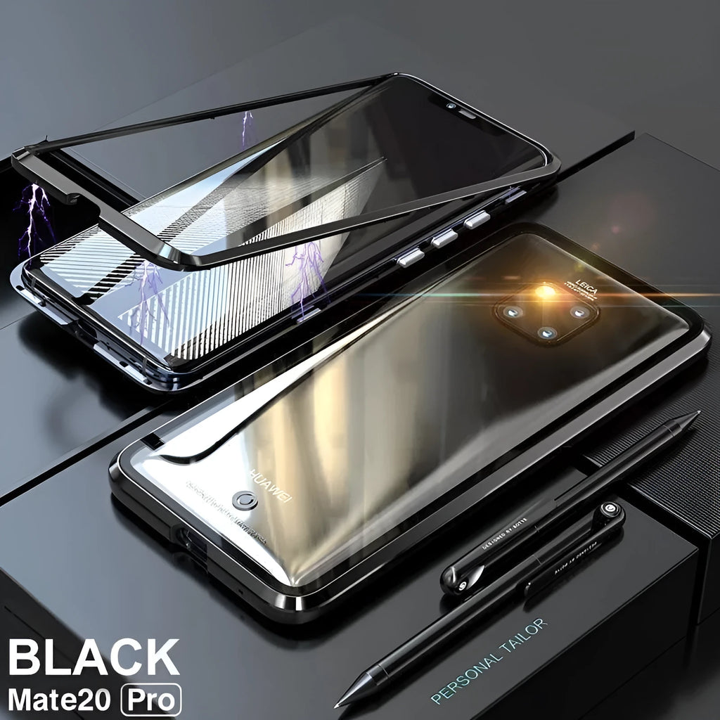 Black magnetic metal phone case with clear tempered glass back for a Huawei smartphone.