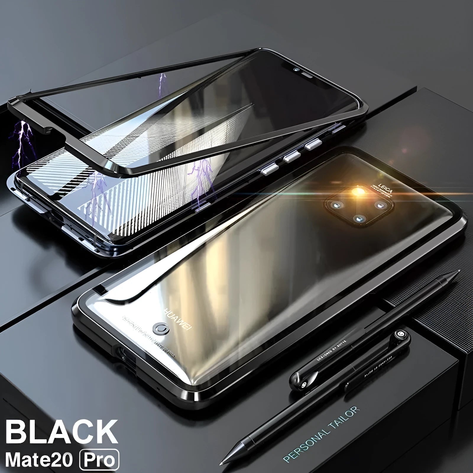 Black magnetic metal phone case with clear tempered glass back for a Huawei smartphone.