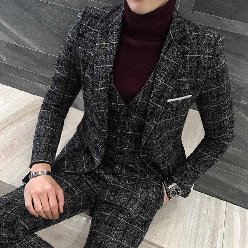 Men's slim fit plaid suit set in royal blue with single breasted jacket and flat front trousers