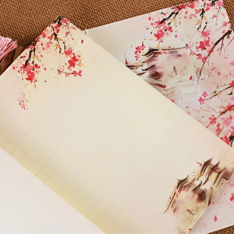 Retro Chinese style line-bound notebook with watercolour Azalea cover showing flat-open binding