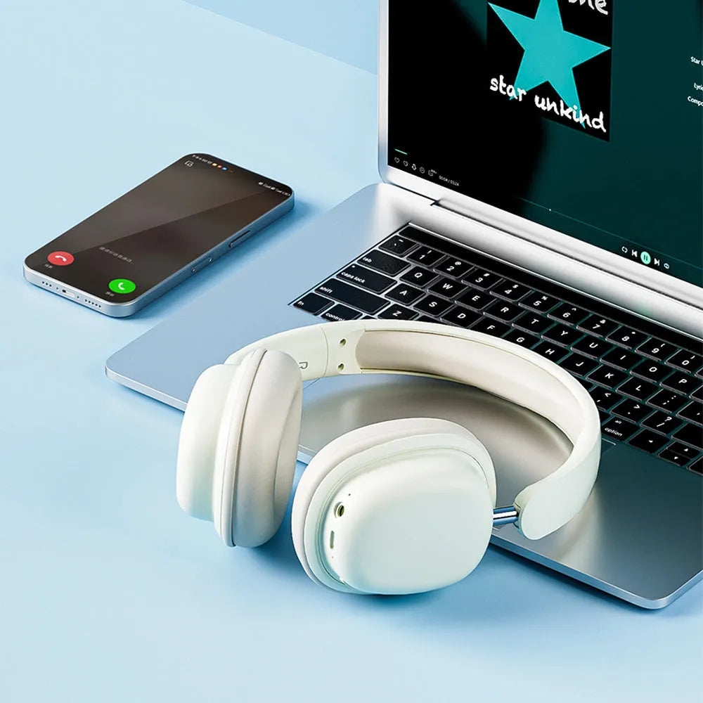 SY-T1 lightweight foldable wireless Bluetooth headphones in black with plug-in noise reduction microphone