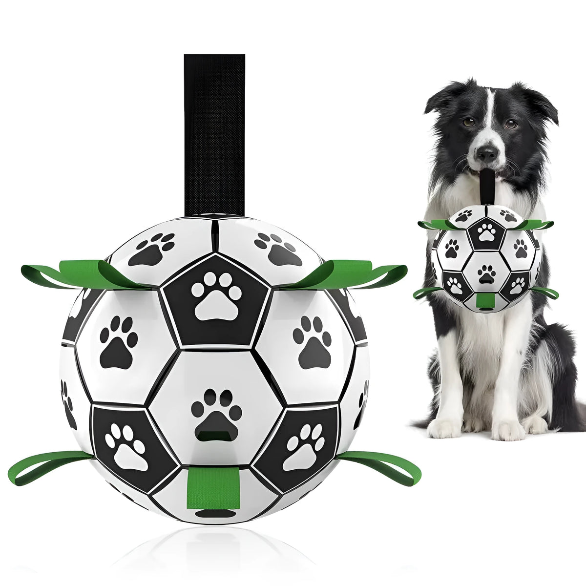 Interactive dog football toy with nylon tabs, 5-inch PU ball, pump and needle adapter for fetch and water play