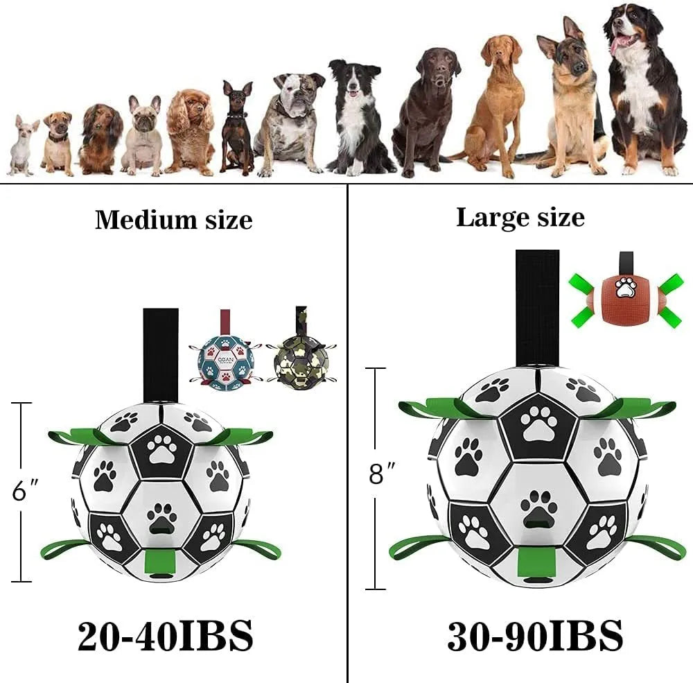 Interactive dog football toy with nylon tabs, 5-inch PU ball, pump and needle adapter for fetch and water play