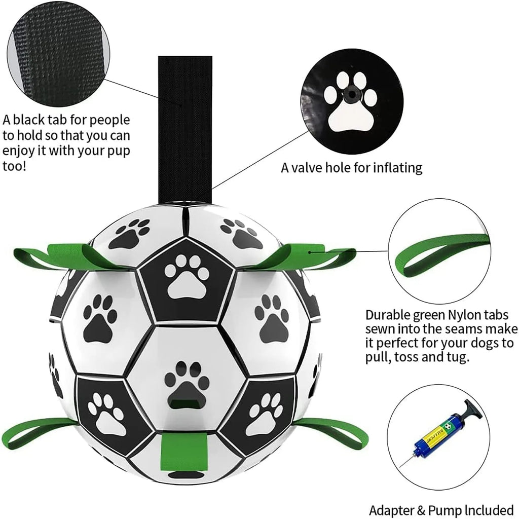 Interactive dog football toy with nylon tabs, 5-inch PU ball, pump and needle adapter for fetch and water play