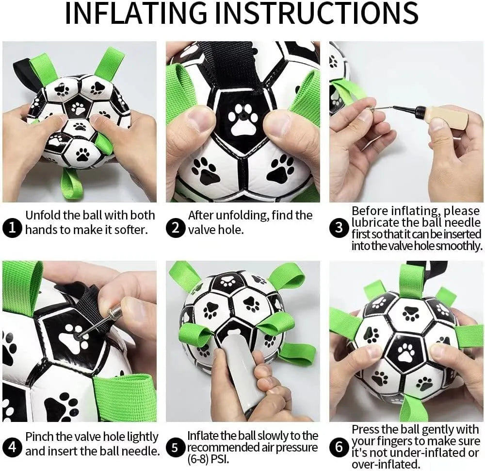 Interactive dog football toy with nylon tabs, 5-inch PU ball, pump and needle adapter for fetch and water play