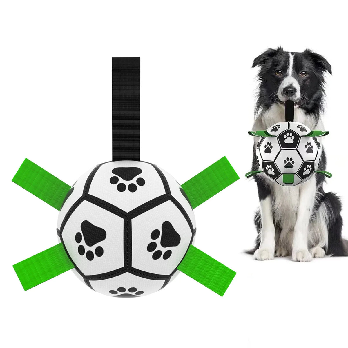 Interactive dog football toy with nylon tabs, 5-inch PU ball, pump and needle adapter for fetch and water play