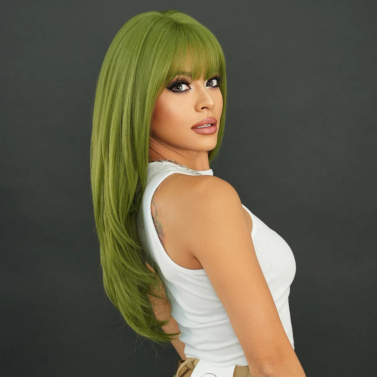Vanilla green long straight synthetic women's wig measuring 63cm with bangs