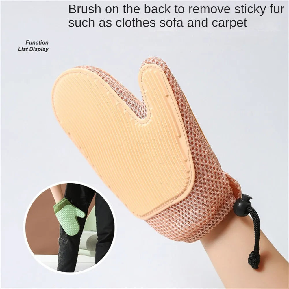 Dark blue pet grooming glove for removing cat and dog hair with mesh surface