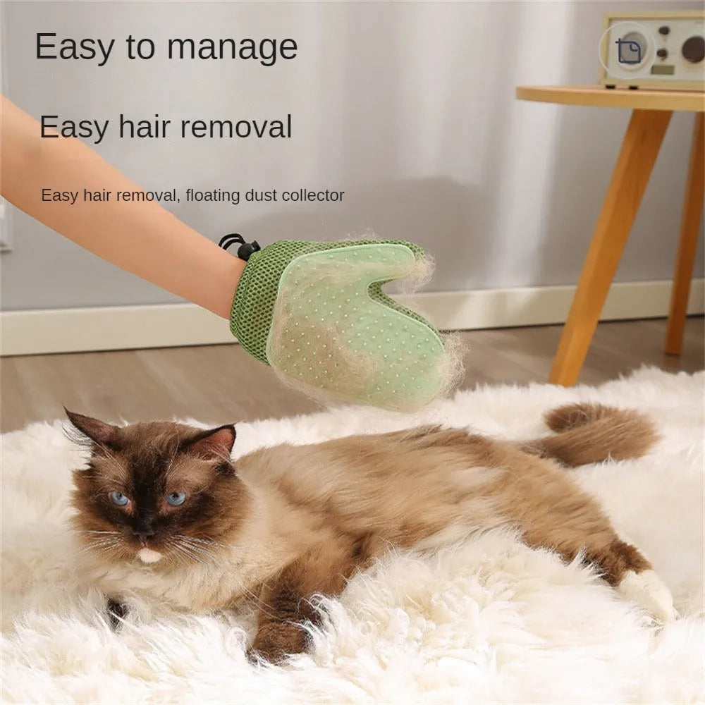 Dark blue pet grooming glove for removing cat and dog hair with mesh surface