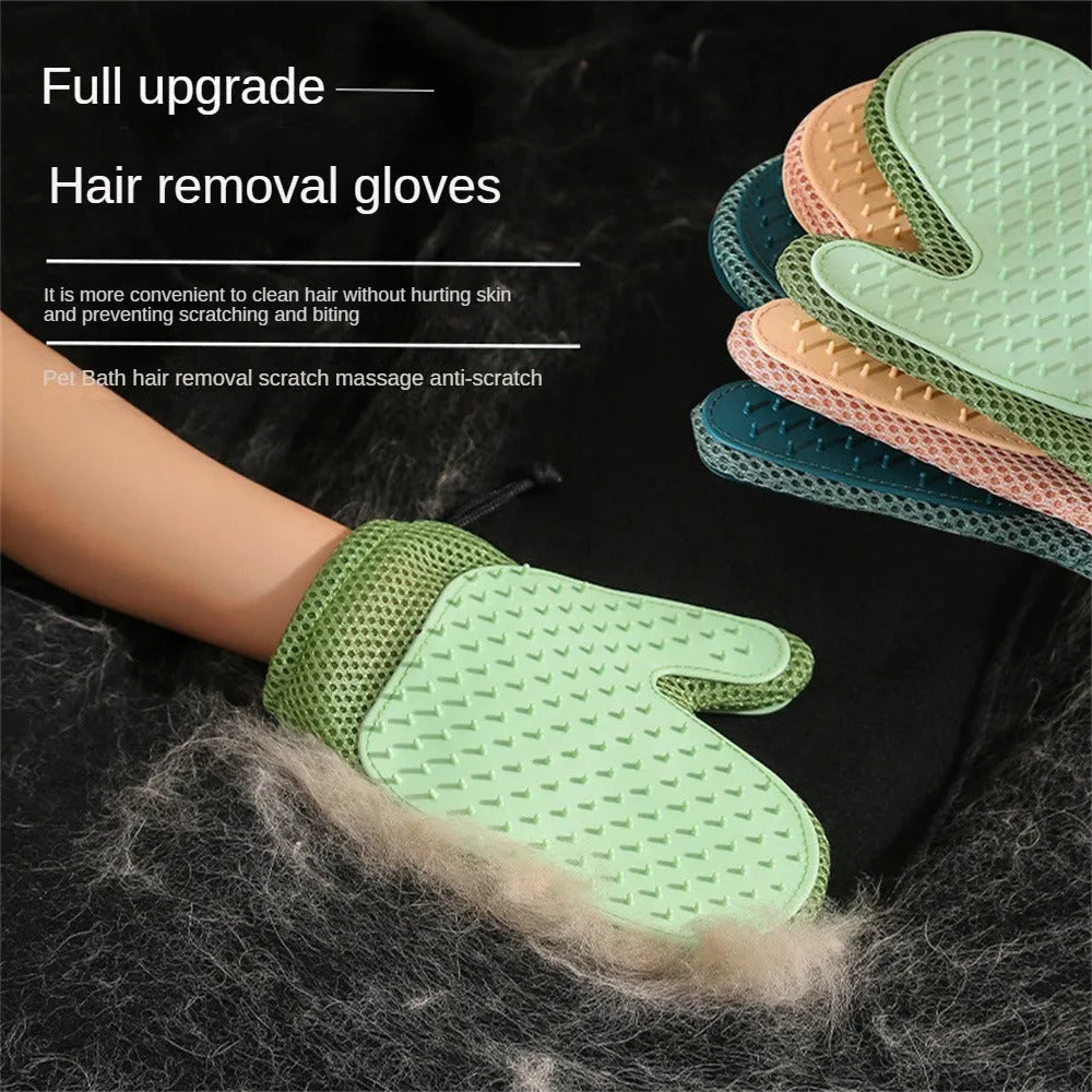 Dark blue pet grooming glove for removing cat and dog hair with mesh surface