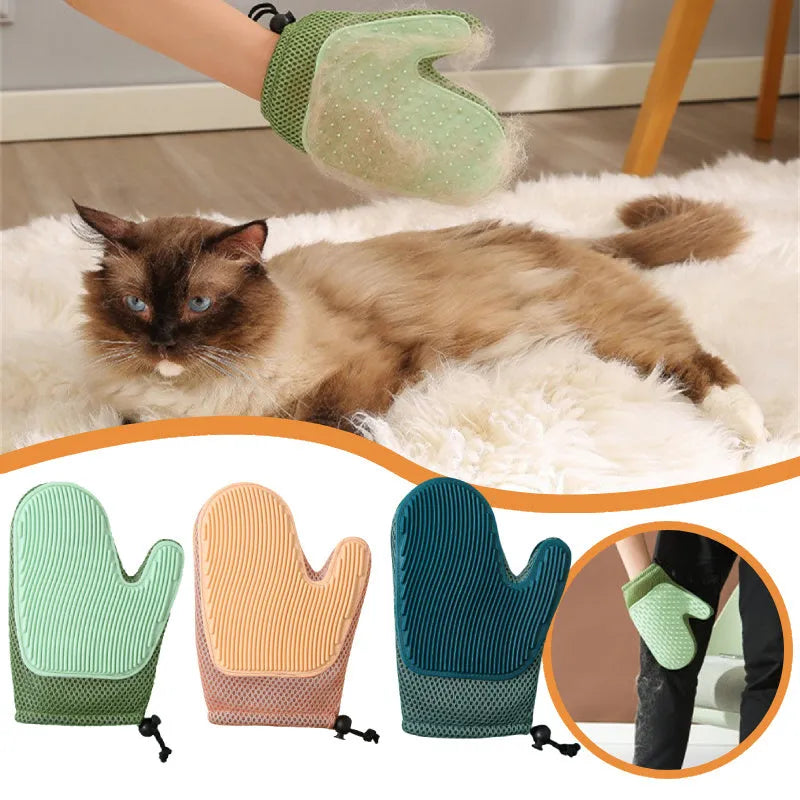Dark blue pet grooming glove for removing cat and dog hair with mesh surface