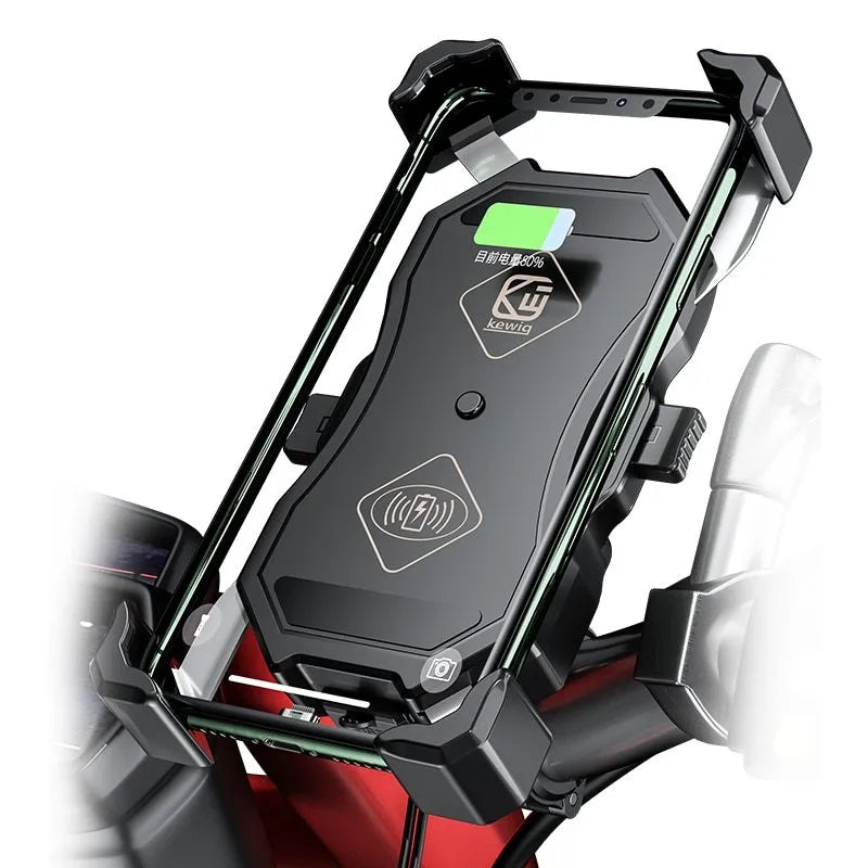Black plastic motorcycle phone holder with wireless charging and 360-degree rotation mounted on a handlebar