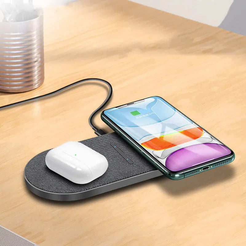 Black dual station wireless charger with two charging pads and indicator lights