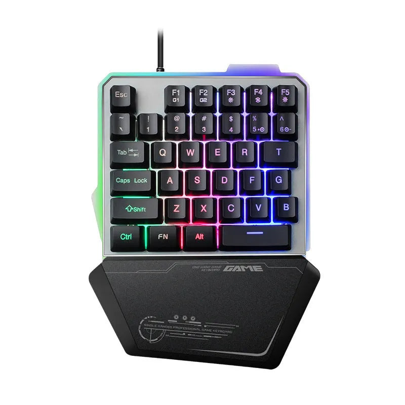 Black G40 Flow one-handed mechanical gaming keyboard with RGB backlighting on keys.
