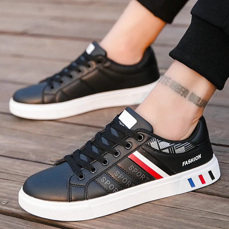 Men's sports shoes in black, grey, and white colours, shown with a size chart for EU sizes 39 to 44.